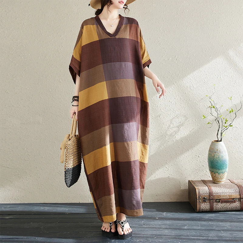 Letnia kwiecista sukienka w stylu vintage, długa, z dekoltem w serek, retro, z bawełny i lnu, jednoczęściowa spódnica, duży rozmiar, długa, do pracy, z nadrukiem...