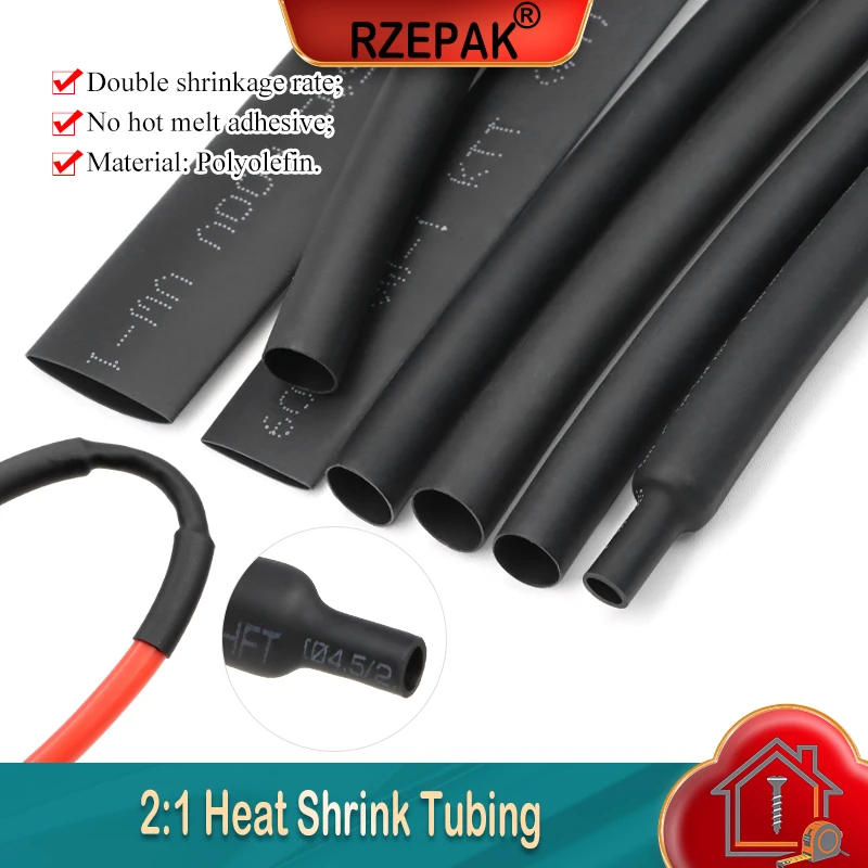 1~10m 2:1 Heat Shrink Heat Shrink Tube Black Diameter 0.6~210mm DIY Waterproof Polyolefin Tubing Wire Cable Repair Wrap Sleeving
