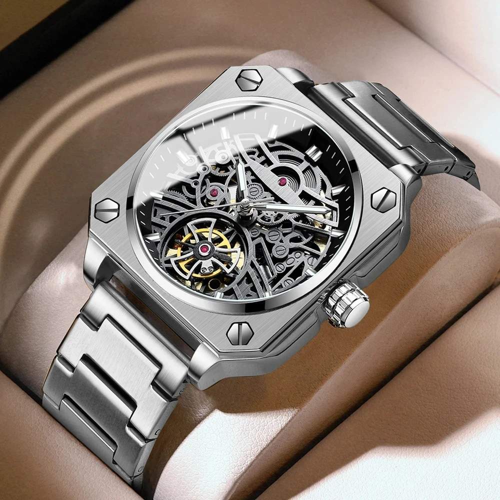 2024 New box BINBOND H1133 Tourbillon Mechanical Watch Men Automatic Steel Strap Skeleton Mens Watches Top Brand Luxury