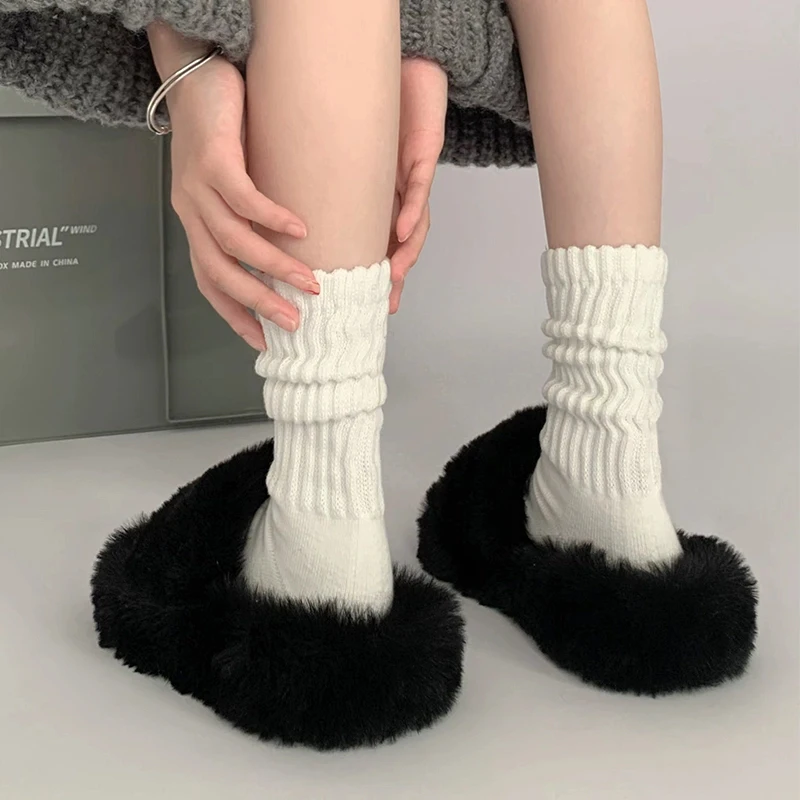 1/3pairs Cotton Knitted Long Socks Women Girls Black White Loose Crochet Middle Tube Lolita Sox Boot Cuffs Ruffles Stockings