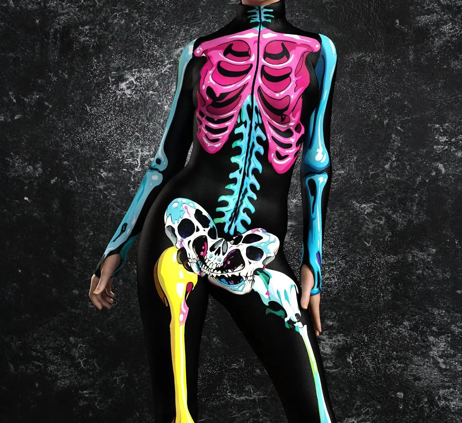 Halloween-Horror-Party Damen Sexy Mehrfarbiger Totenkopf-Print Jumpsuit Kleidung für Feiertagspartys, Maskenbälle und Bühnenauftritte – Detail 8