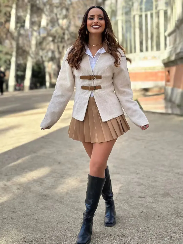 

2024 Spring Woman's Fashion Casual Beige Cardigan Sweater Coat V-Neck Long Sleeves With Belt Knitted Crop Tops Streetwear