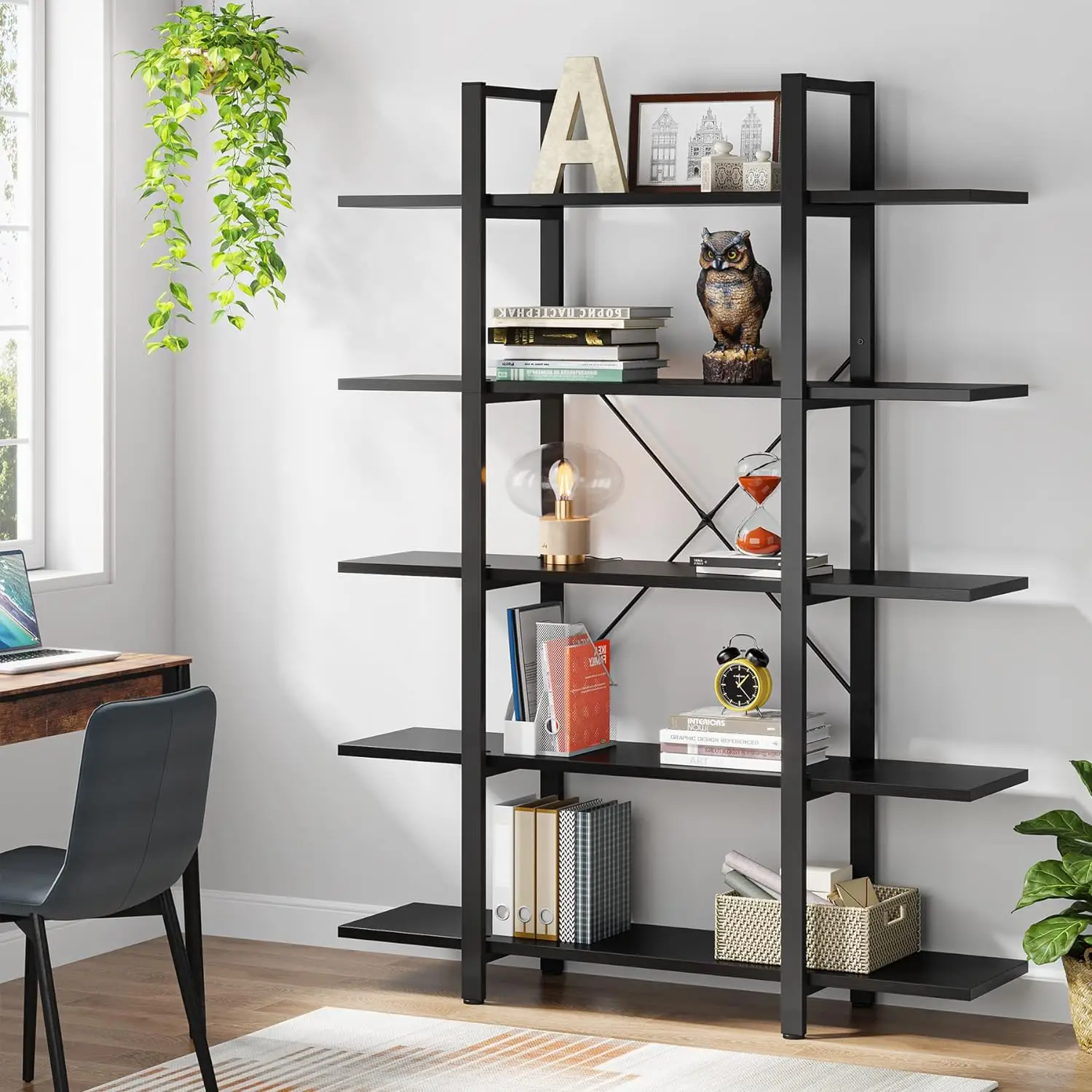 NEW 5-Tier Bookshelf, Vintage Industrial Style Bookcase 72 H x 12 W x 47L Inches, Black USA