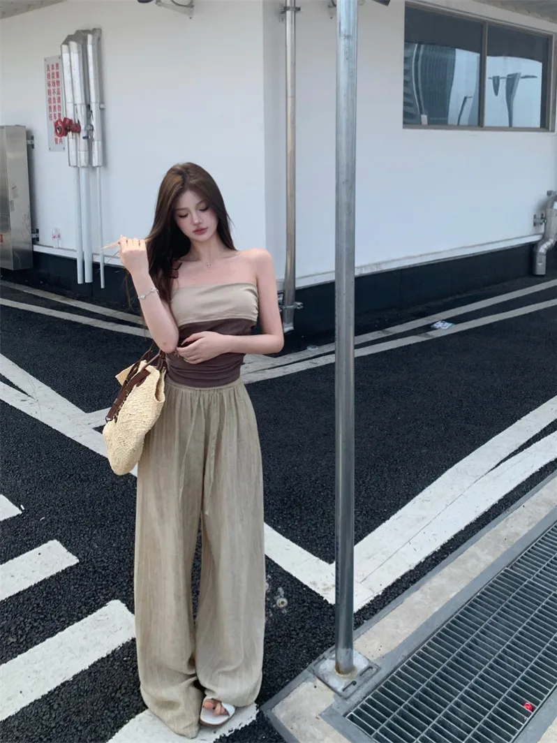 

Casual Knitted Two-Piece Set High Waist Wide Leg Pants Contrast Color Tube Top Vest Spring Fashion Outfit for Young Women