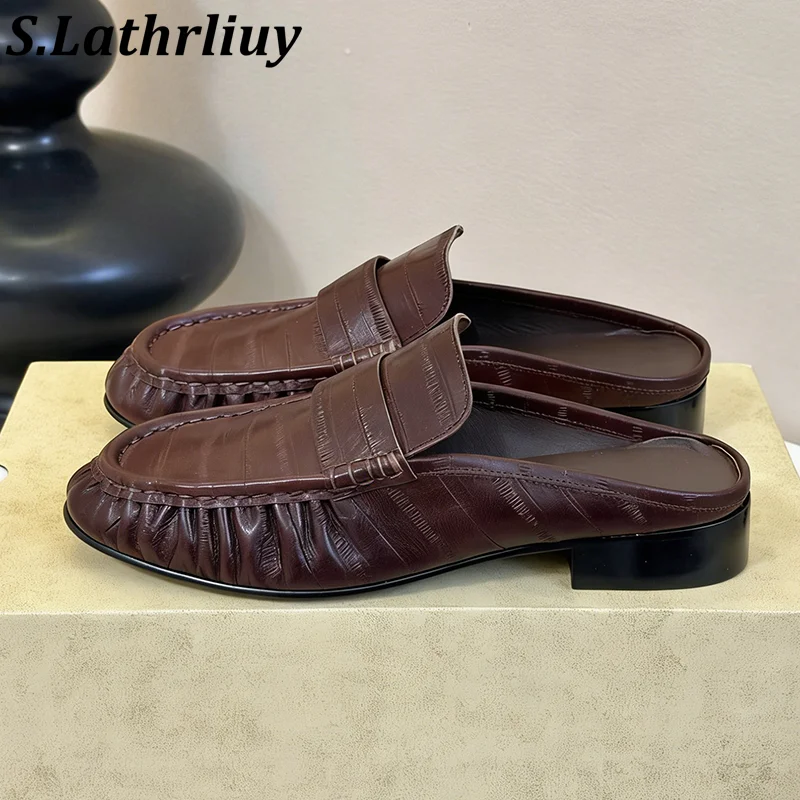 New Lazy Mules Women's Genuine Leather Pleated Design Closed Toe Slippers Spring Summer Casual Versatile Low Heeled Slippers