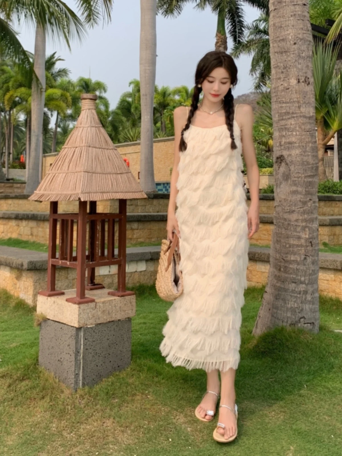 n الأبيض Strapl Dr المرأة الصيف شرابة الشاطئ Vaion تنورة طويلة H-ape لون نقي Svel واحد أولدر Dr