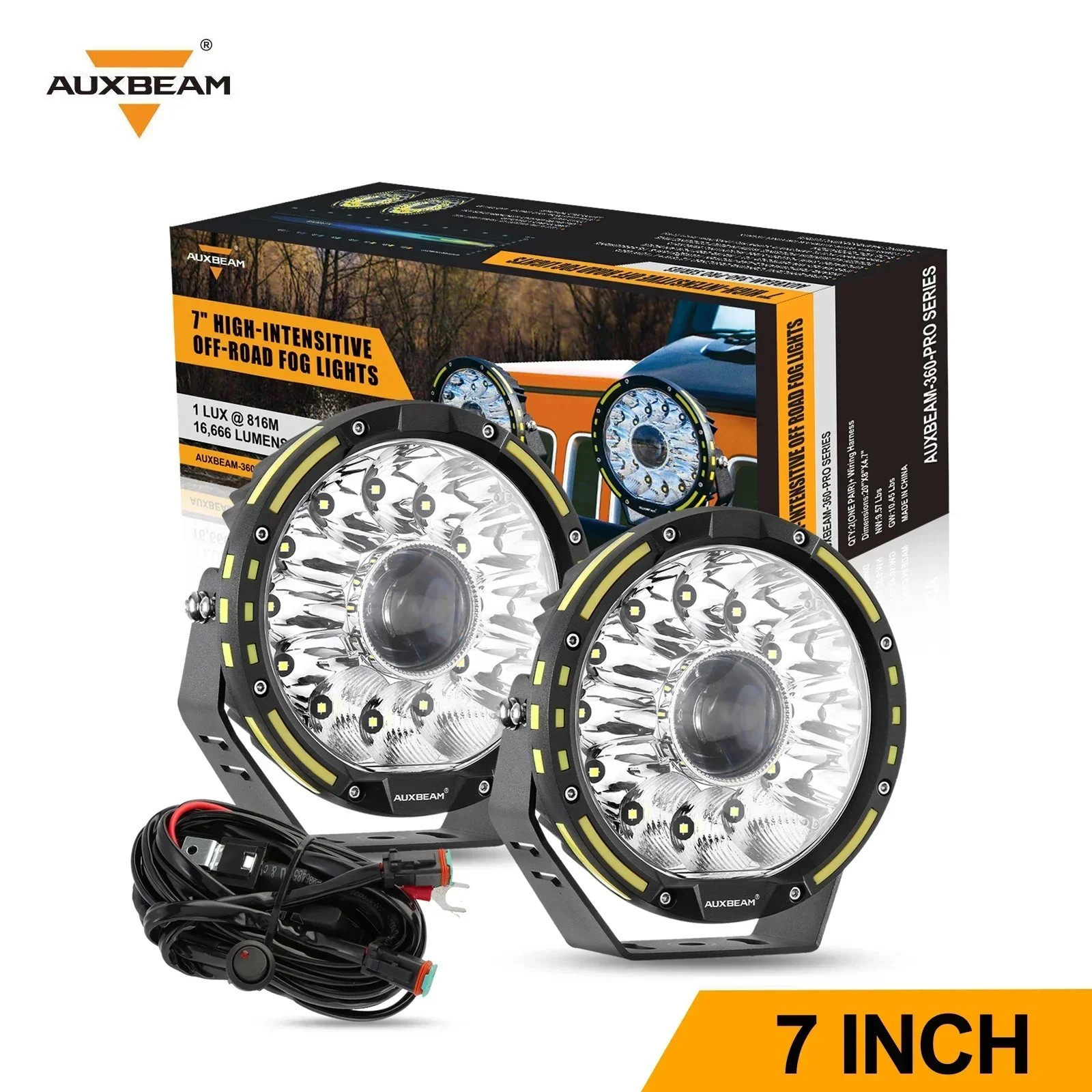 

AUXBEAM 7-дюймовый светодиодный рабочий фонарь с жгутом проводов 230 Вт 6900 К Супер яркий 16666 лм Лампа для проектора дальнего света IP68 Водонепроницаемая для внедорожников