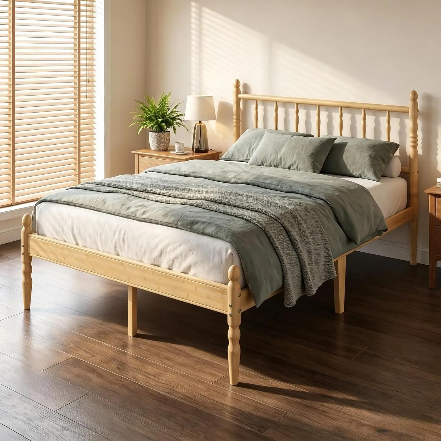 Full Bed Frame Headboard, 14 Inch Wood Storage Bed, Mid-century Spindle Legs, Easy Assembly Quiet Slip-free, Customized