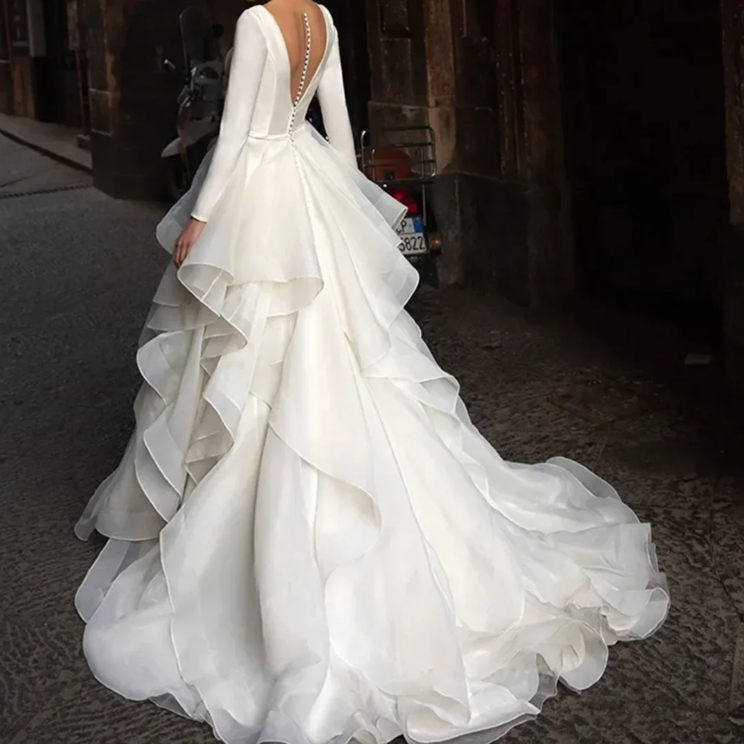 بسيطة الخامس الرقبة عارية الذراعين كم طويل فساتين الزفاف السفر التصوير التخسيس لينة تول أثواب الزفاف حسب الطلب