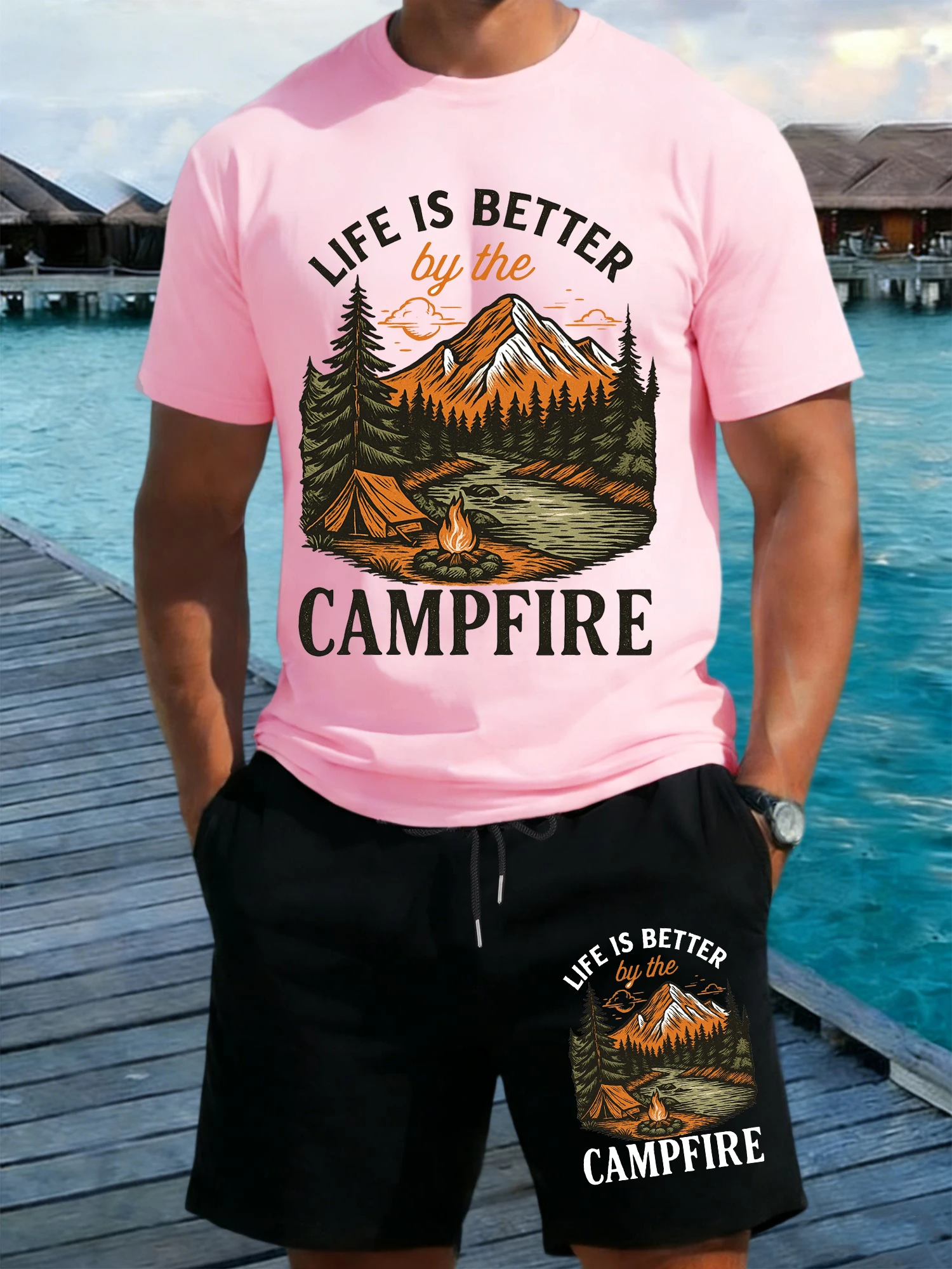

Life Is Better By The Campfire Print T-Shirt Sets Mens Breathable Loose Short Pants Cotton O-Neck Streetwear Summer Pant Set