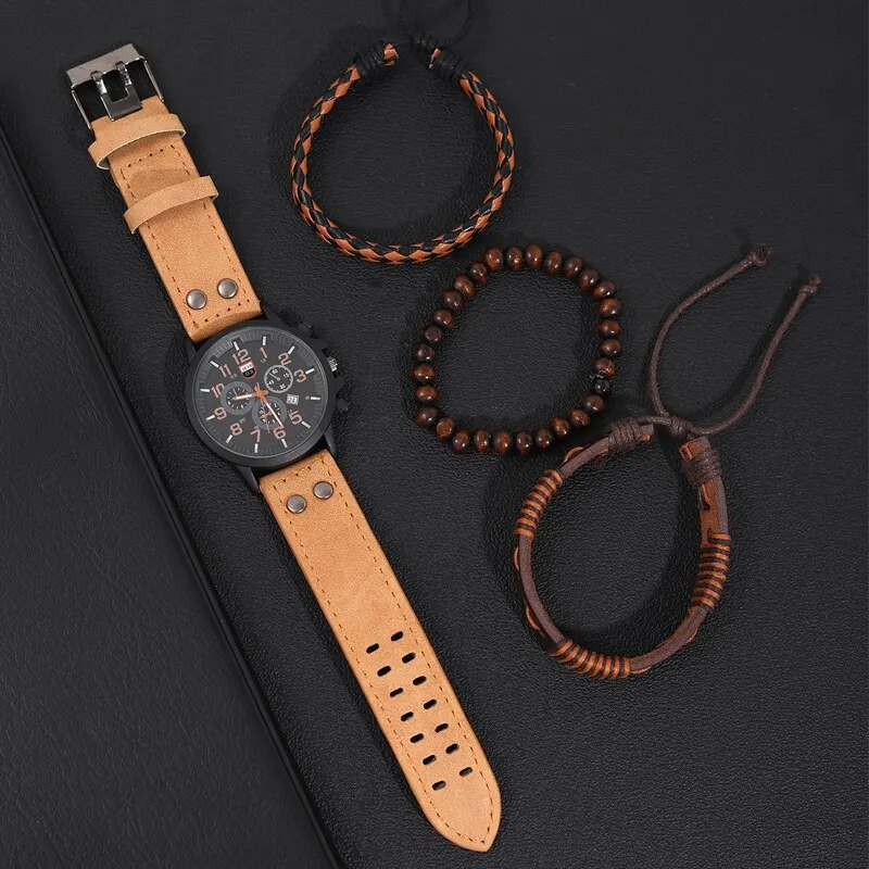 4PCS Set Fashion Mens Sports Bracelet Watches For Men Military Quartz Wrist Watch Classic Male Casual Leather Watch Reloj Hombre