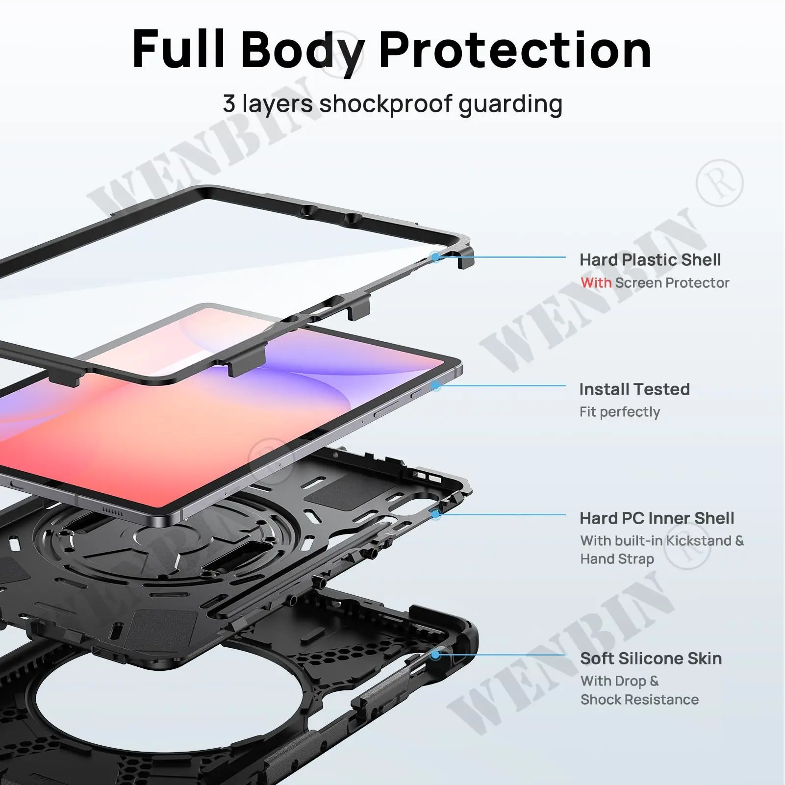 Case For Samsung Tab S10 FE Lite S9 S8 S7 Tablet Heavy Duty Shockproof Protective Rotating Stand Hand Strap Holder Black Case