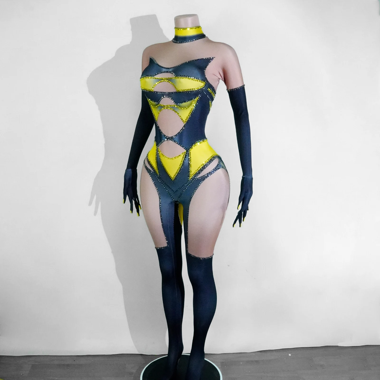 مثير سباركلي الراين بسط نحيل بذلة مع قفازات لملهى ليلي حفلة راقصة أداء المرحلة ارتداء GOGO الزي