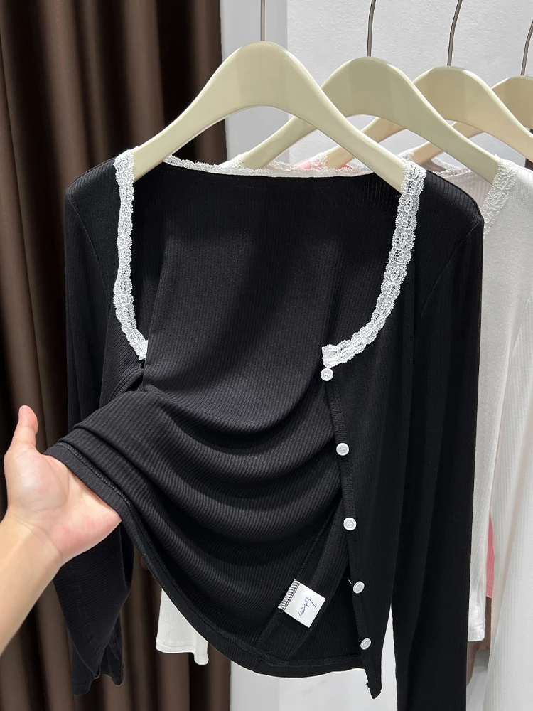 

Black Lace Ice Silk Shoulder Wrap Cardigan Thin Knitted Cover up Top Splice Design Summer Women's Fashion Commute Style Slim Fit