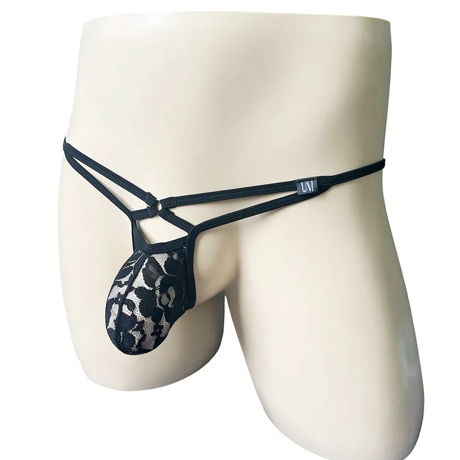6 Pcs Men's Solid Color T-back Panties Low Rise Sheer Lace Double Elastic Strap 3D Bulge Pouch Transparent Male Thong Underpants