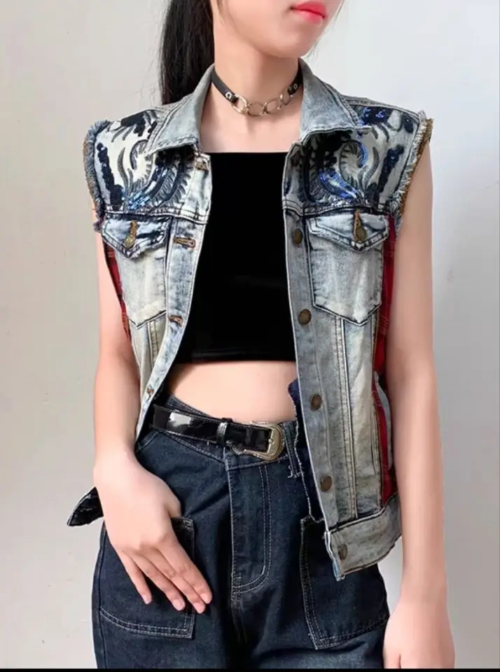 Foreign trade original single Spanish new embroidery patch stitching vintage washed denim vest