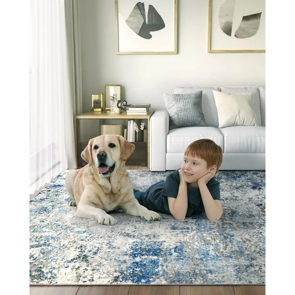 Modern Neutral 9x12 Area Rug - Soft, Non-Slip, Low Pile for Living/Bedroom, Home Office, Grey/Blue