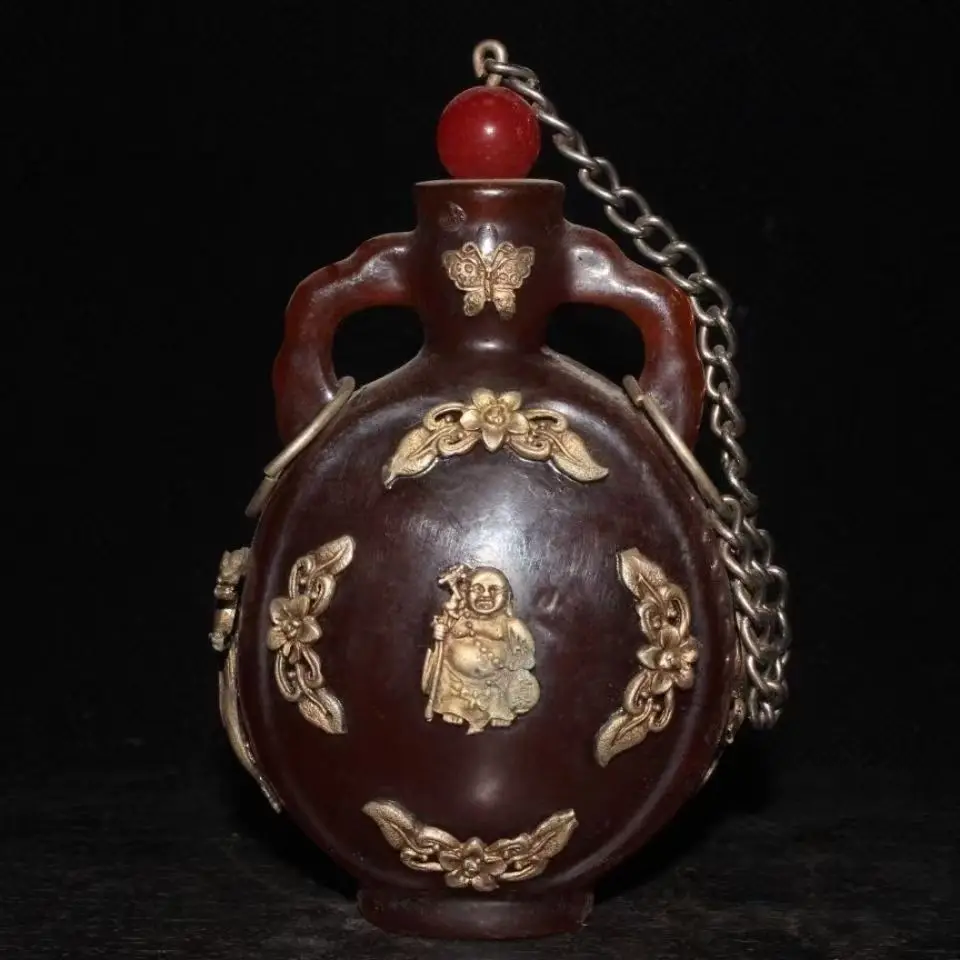

China old Tibet silver amber carved butterfly Buddha statues snuff bottle