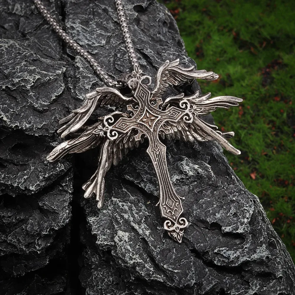 Retro Gothic Jesus Flügel Kreuz Anhänger Halskette Schmuck für Männer Frauen Große Vintage Dark Punk Religiöse Amulett Halsketten Geschenke – Detail 4