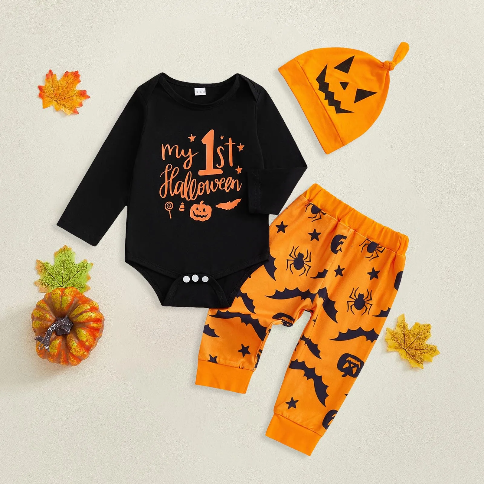 

Baby Boys Halloween Outfit Set Long Sleeve Romper Pants And Hat Three Piece Set Festive Halloween Printed Clothing ropa de niño