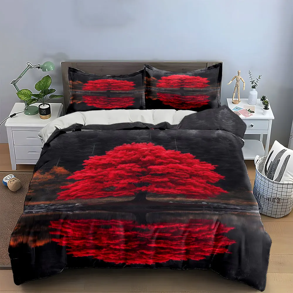 Red Tree Landscape Canvas Decor Soft Skin-Friendly Bedding Set Includes 1 Duvet Cover And 2 Pillowcase, Gift
