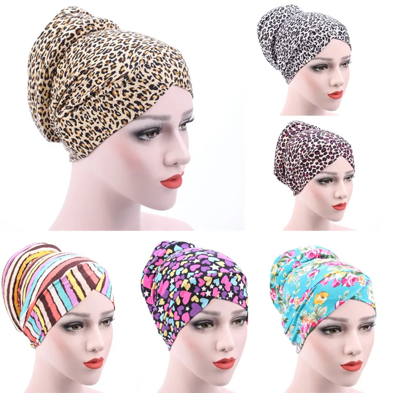 Muslim Women Hijabs Print Leopard Flower Turban Cap Muslim Islamic Cotton Chemo Cancer Headwear African Women Headwrap Bonnets