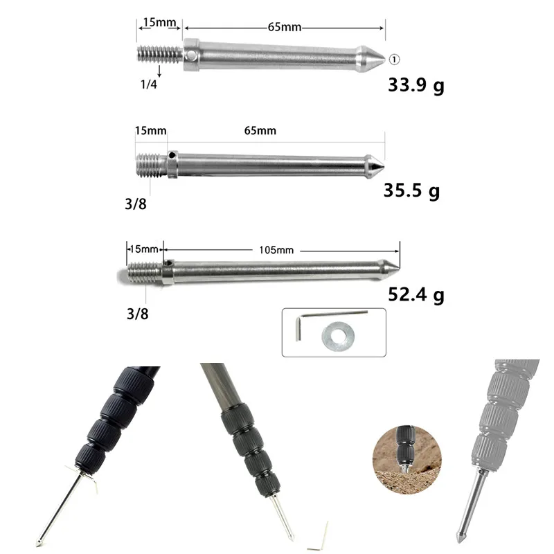 Tripod Foot 3/8 1/4 Inch Screw M8 Stainless Steel Replacement Part Monopod Spikes Mount Nail 80/120mm Long With Wrench Gasket