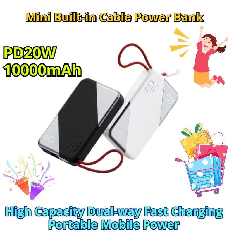 

10000mAh Mini Built-in Cable Power Bank High Capacity Dual-way Fast Charging Portable Mobile Power