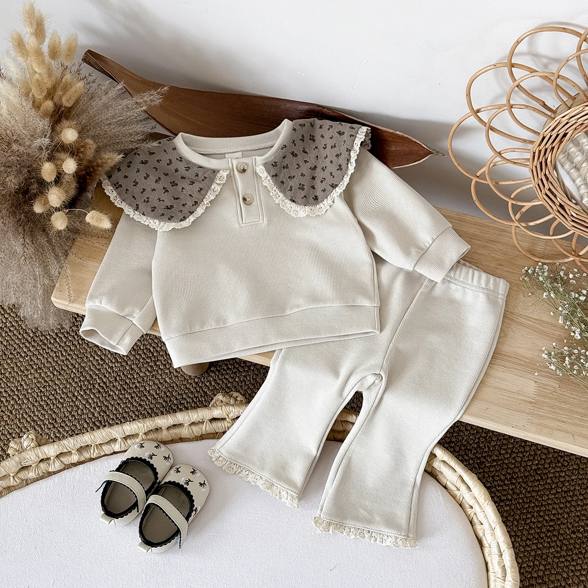 1-3 Year Old Baby Ruffle Design Top, Micro Flared Sweatpants Set