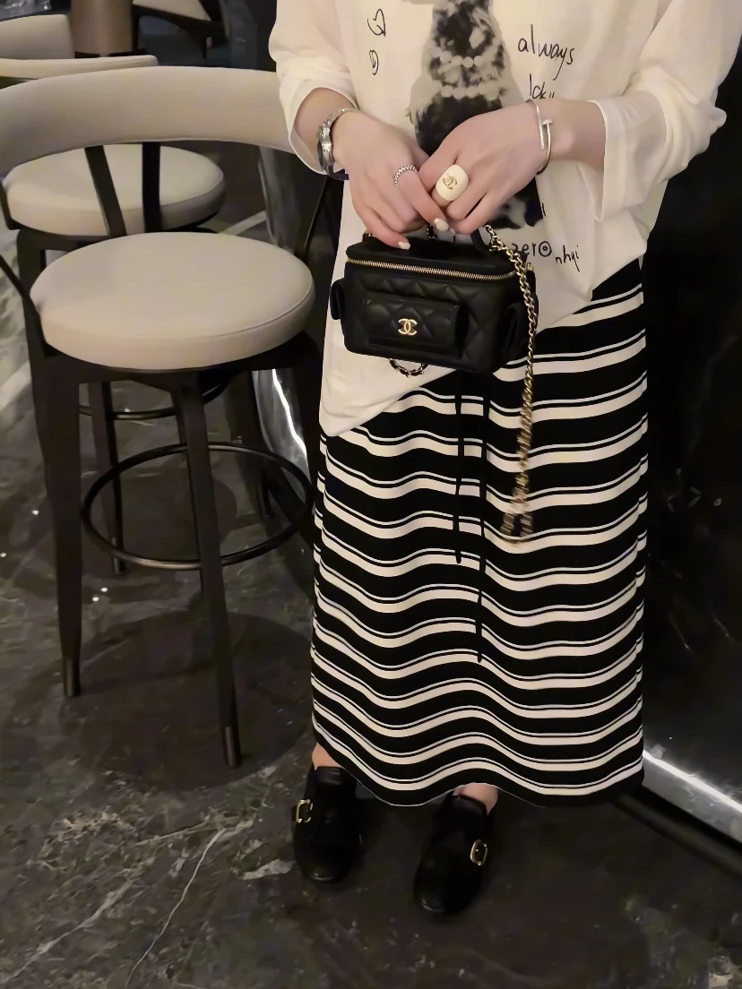 

Slimming Striped Elastic Waist Dstring Midi Skirt for plus Size Women Autumn Winter Faion Casual Skirts MK2887