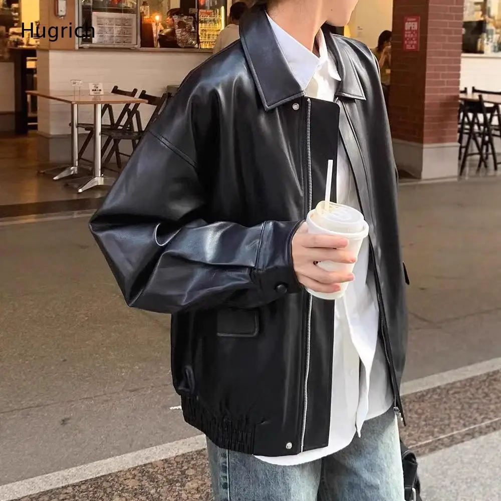 

Black Faux Leather Bomber Jacket with Lapel Collar and Elastic Hem, Casual Loose Zip Up Outerwear for Women