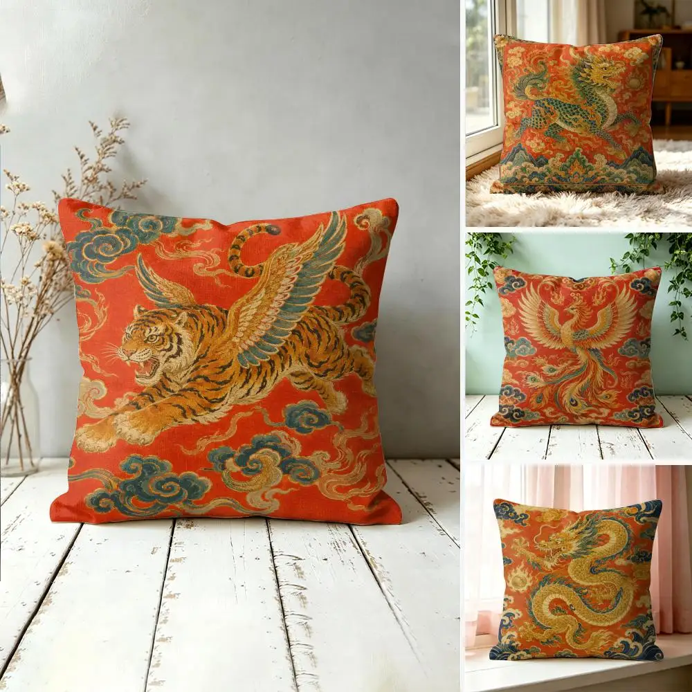 Red Chinese-style Animal Pillow Case Double-Sided Plush Sofa Cushion Covers Organic Breathable Invisible Zipper