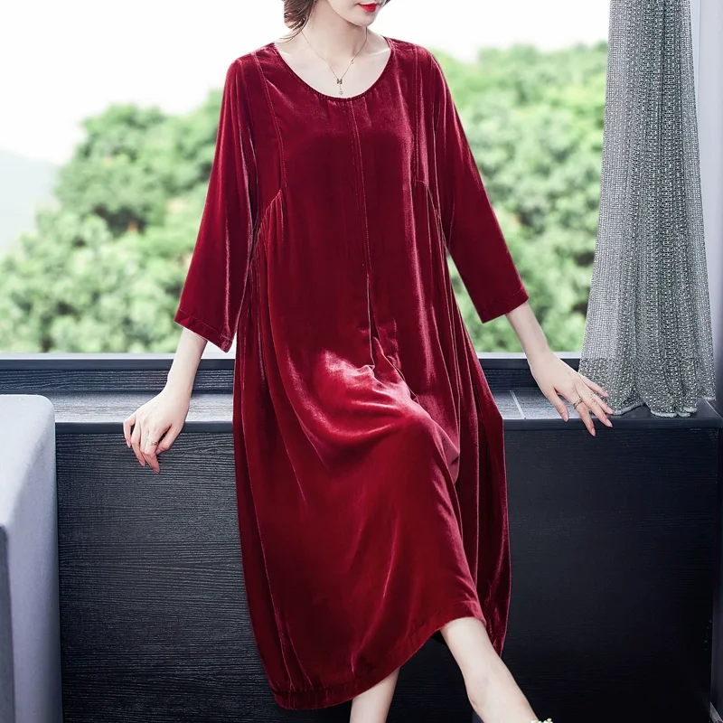 

Женское бархатное платье с круглым вырезом, однотонное повседневное свободное облегающее платье во французском ретро-стиле для отпуска, Новинка осени 2023