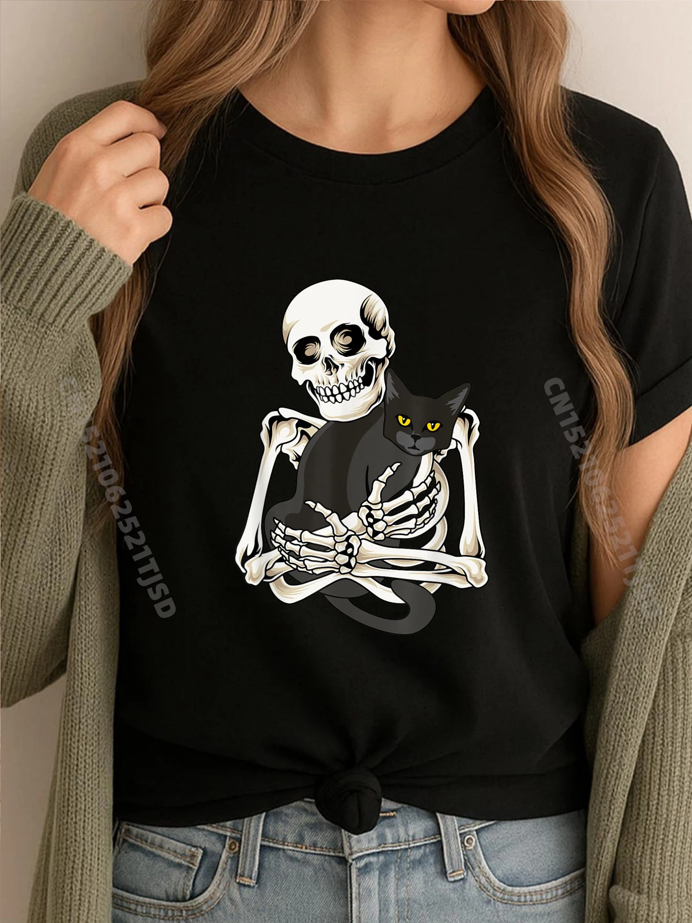 

Skeleton Holding Cat Funny Halloween Cat Lover Brand T Shirt T-Shirt WashedParty