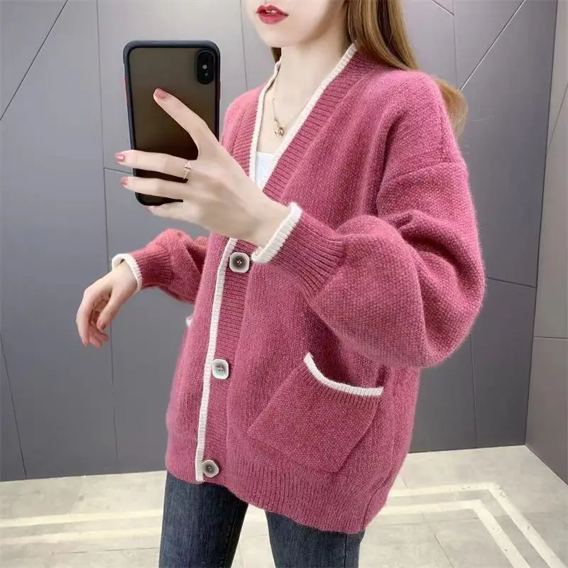 Elegant Women Solid Colour Knit Cardigan 2024 Autumn Casual Ladies V-Neck Single Breasted Sweaters Female Chic Button Tops