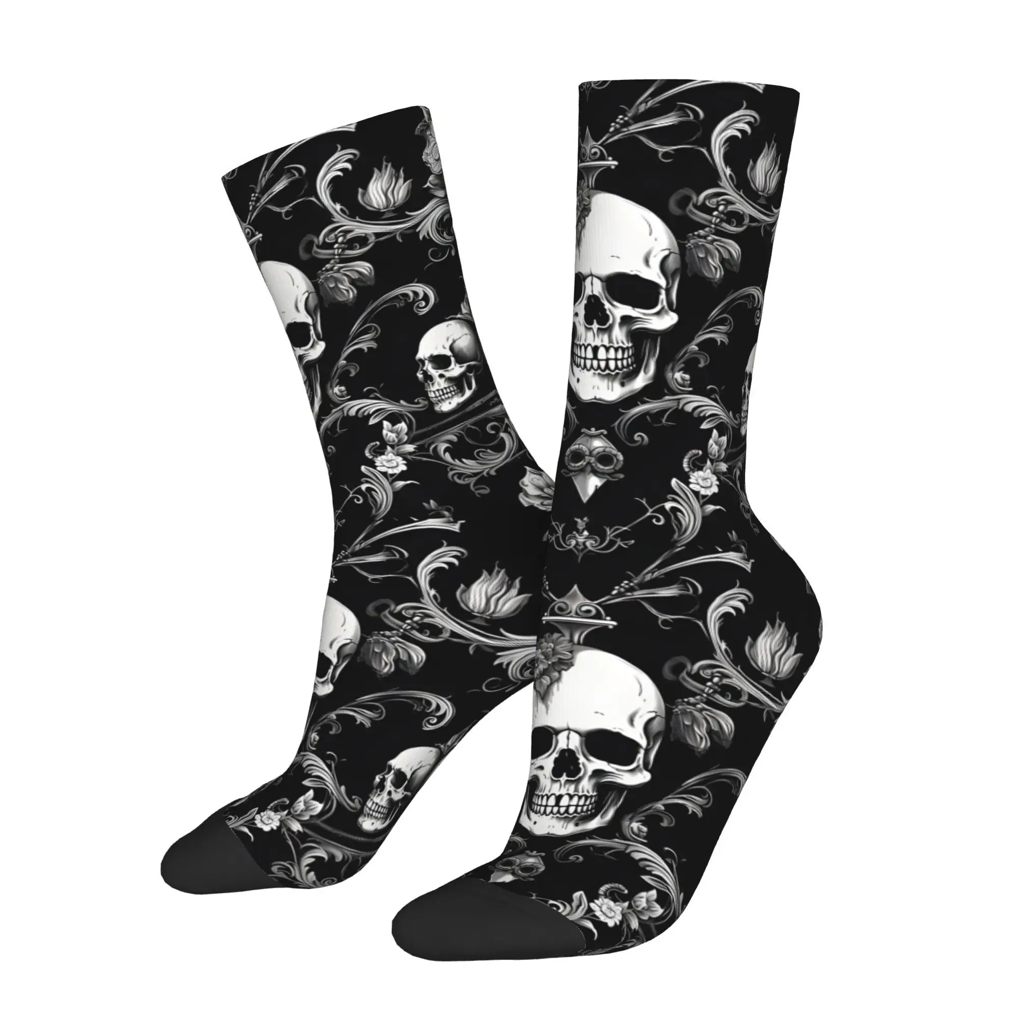 1pc Skulls Damask Gothic Flowers Printed Men's Socks  Novelty Hip Hop Harajuku Pattern Crew Sock Casual Gift