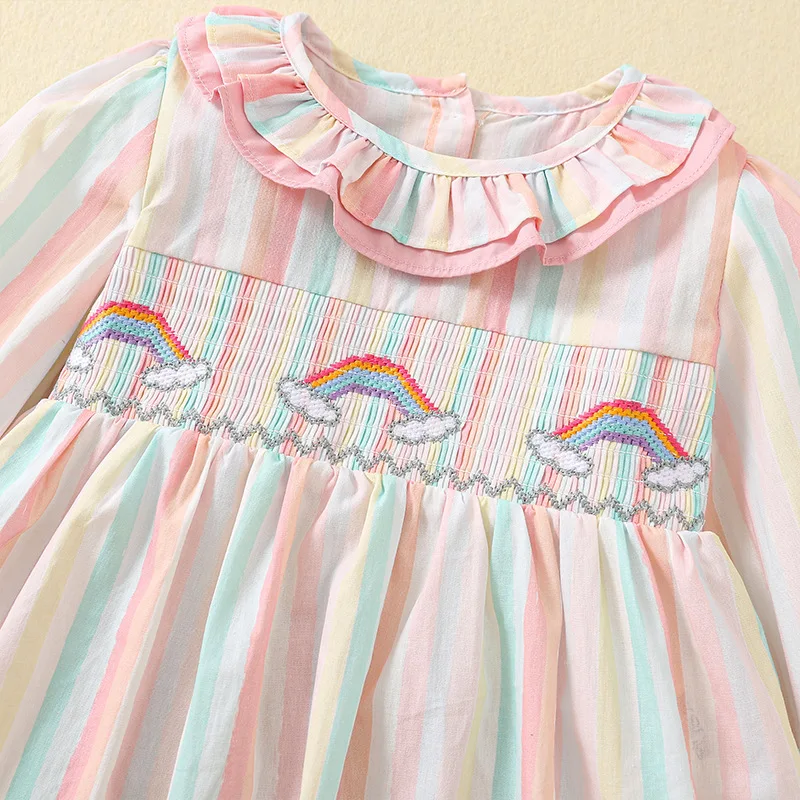 Vestido infantil de algodão manga comprida, roupa listra colorida, desenho animado arco-íris, padrão bordado, roupas para meninas, primavera, outono, 2024