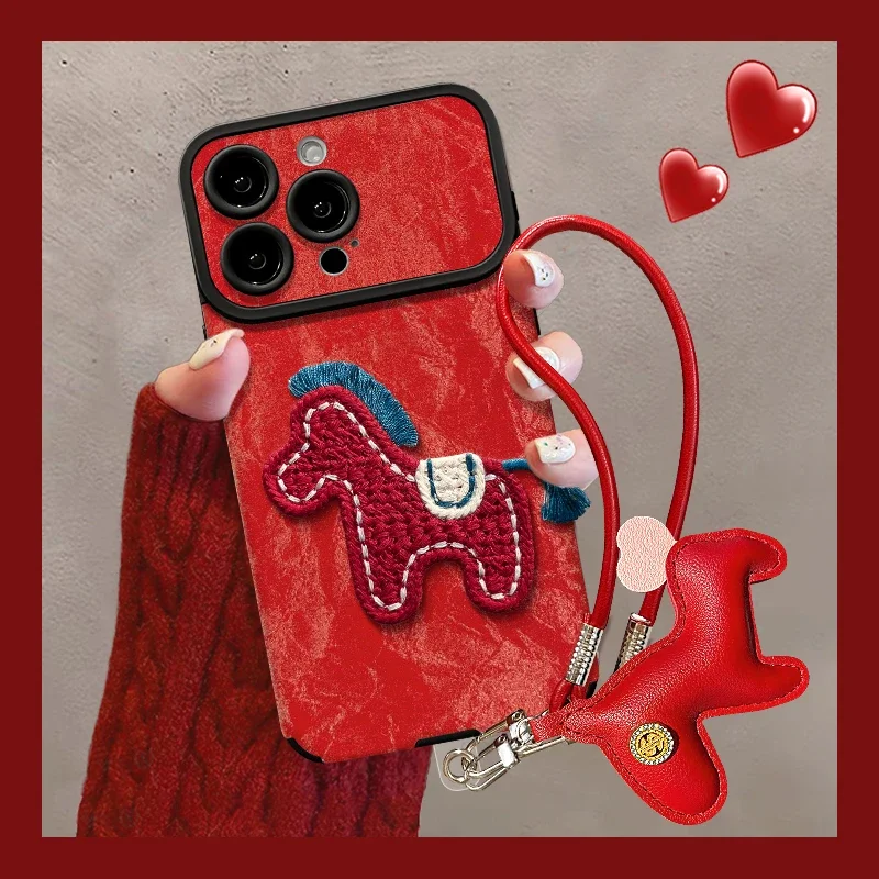 

Horse Year Phone Case for 17 16 Pro Max Casing 15 16Plus 14 Pro 13ProMax 12 11pro Max Luxury Red Leather Cover