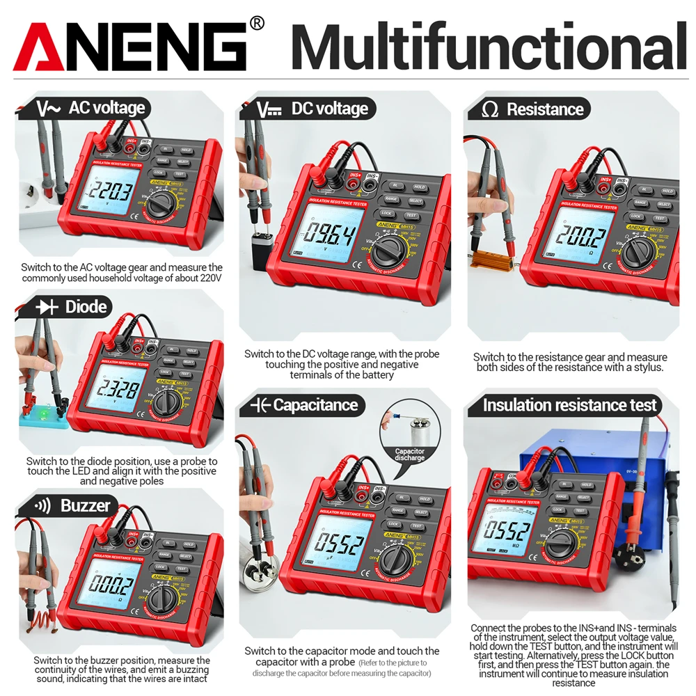 ANENG MH15 resistencia de aislamiento medidor Digital multifuncional descarga automática voltaje CA/CC LCD megóhmetro herramientas de prueba