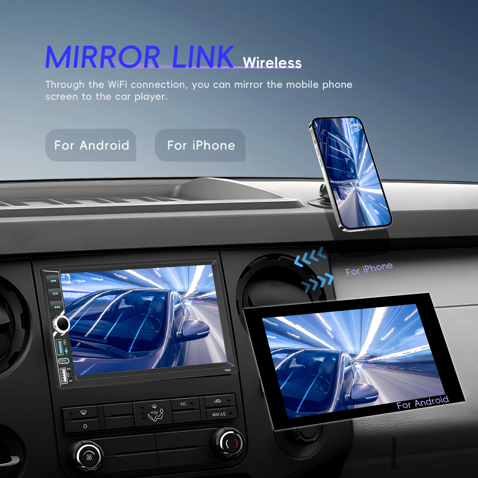 Podofo Autoradio Android 7'' con CarPlay Wireless, 4+64G, Schermo Intelligente, Multimedia, Video, Mirror Link, Navigazione GPS, FM RDS, Stereo EQ