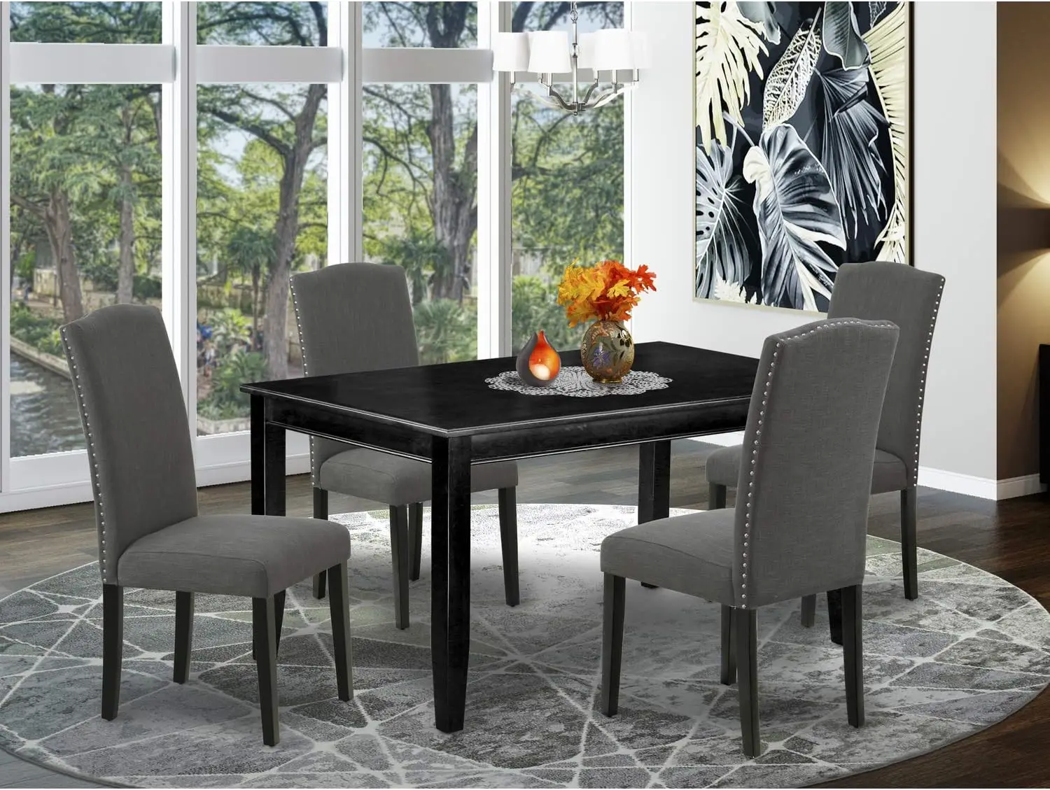 5 Piece Room Furniture Set Includes a Rectangle Dining Table and 4 Dark Gotham Linen Fabric Upholstered Chairs