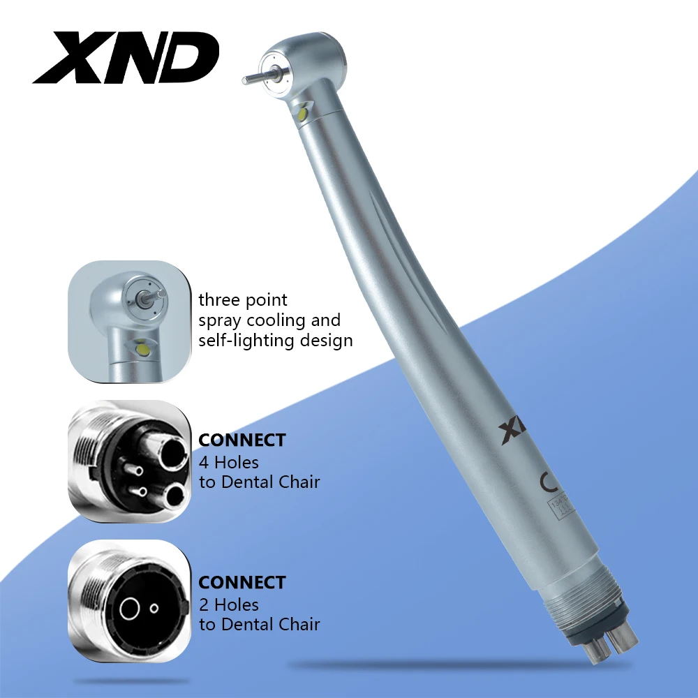 XND Dental High Speed Handpiece with Upgraded LED Light Air Turbine Standard Head  Three Water Spray Dentistry Tool 2/4 Holes