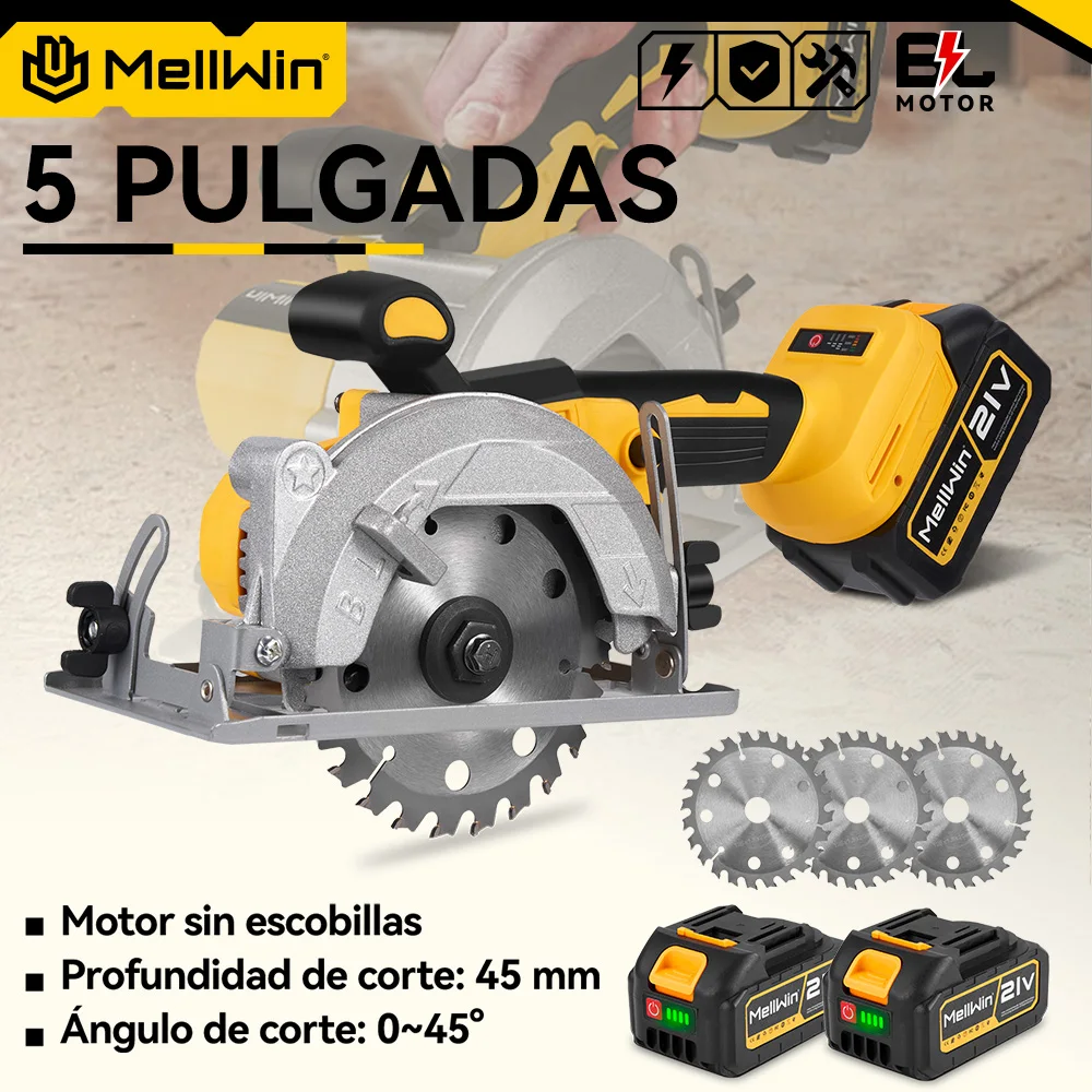 MELLWIN-Sierra Circular eléctrica sin escobillas de 5 pulgadas, sierra multiángulo inalámbrica de 125MM, herramienta eléctrica para carpintería para Pin de batería Makita de 18V