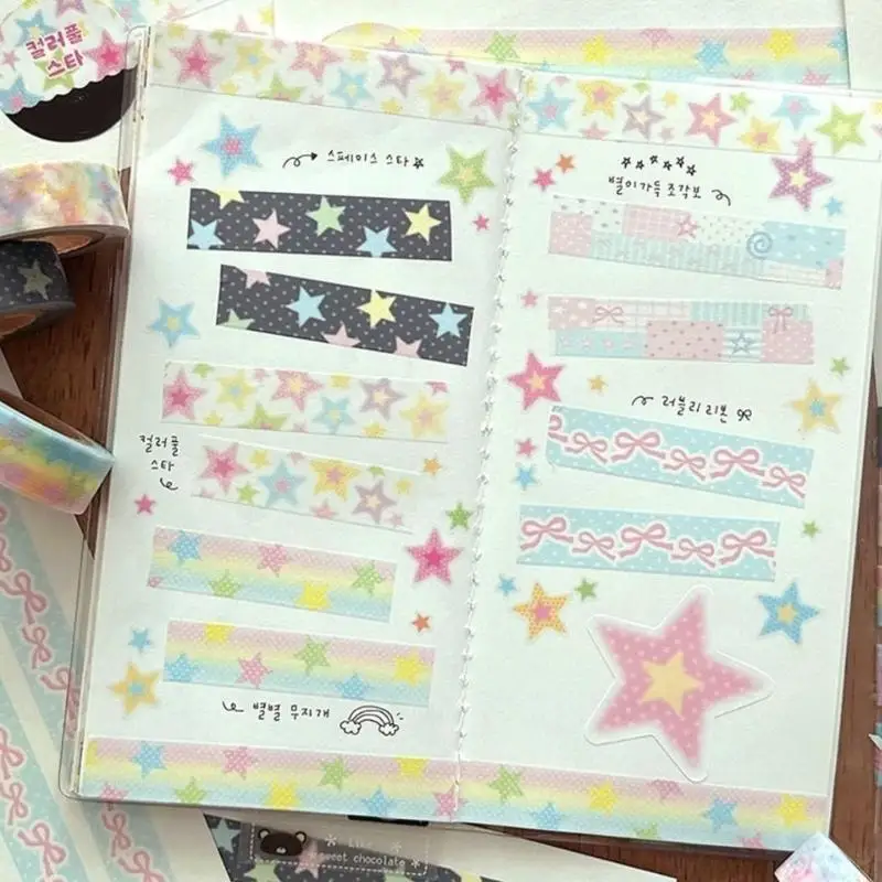 Y5LB Aesthetic Star Bowknot Pattern Tape Background Masking Tape Scrapbooking Decorative Tape for Notebook Journal Planner
