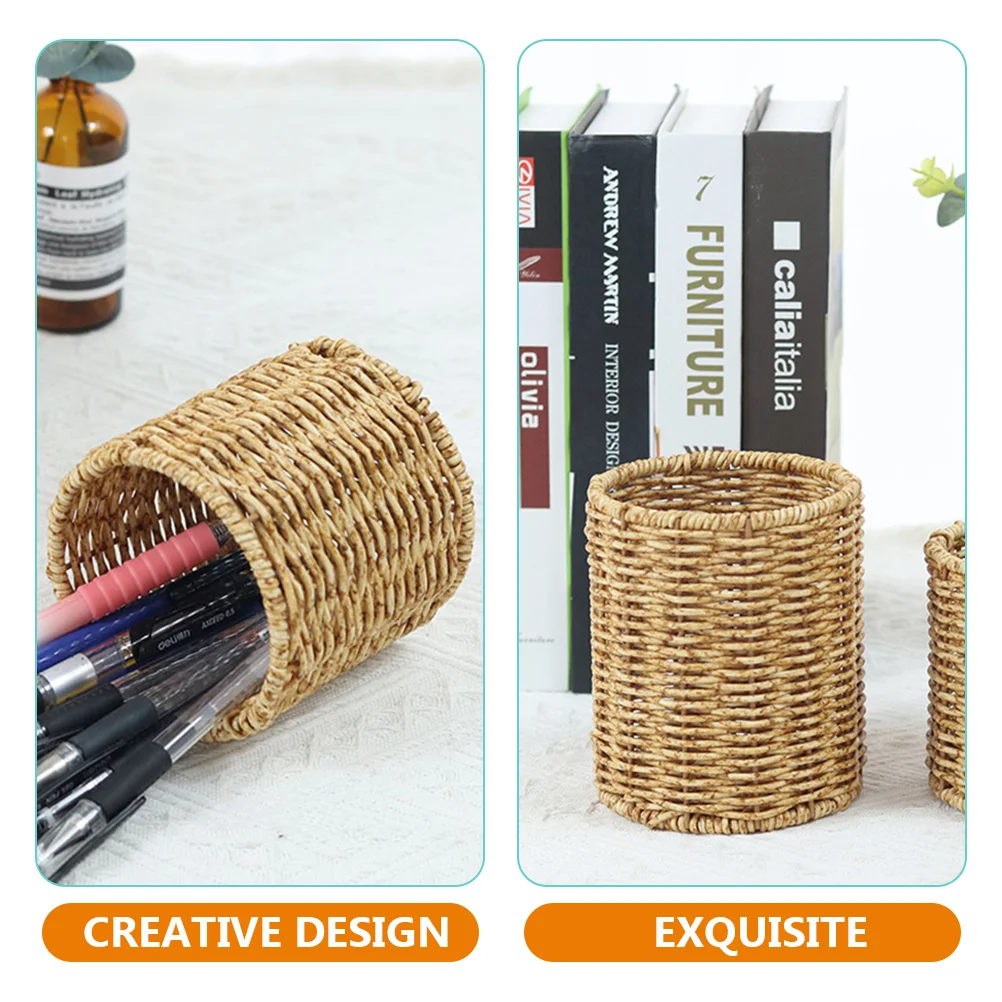 Pen Holder Gel Multi-functional Storage Container Pencil Pot Ruler Organizer Woven Plastic Stationery Fresh Textured Design