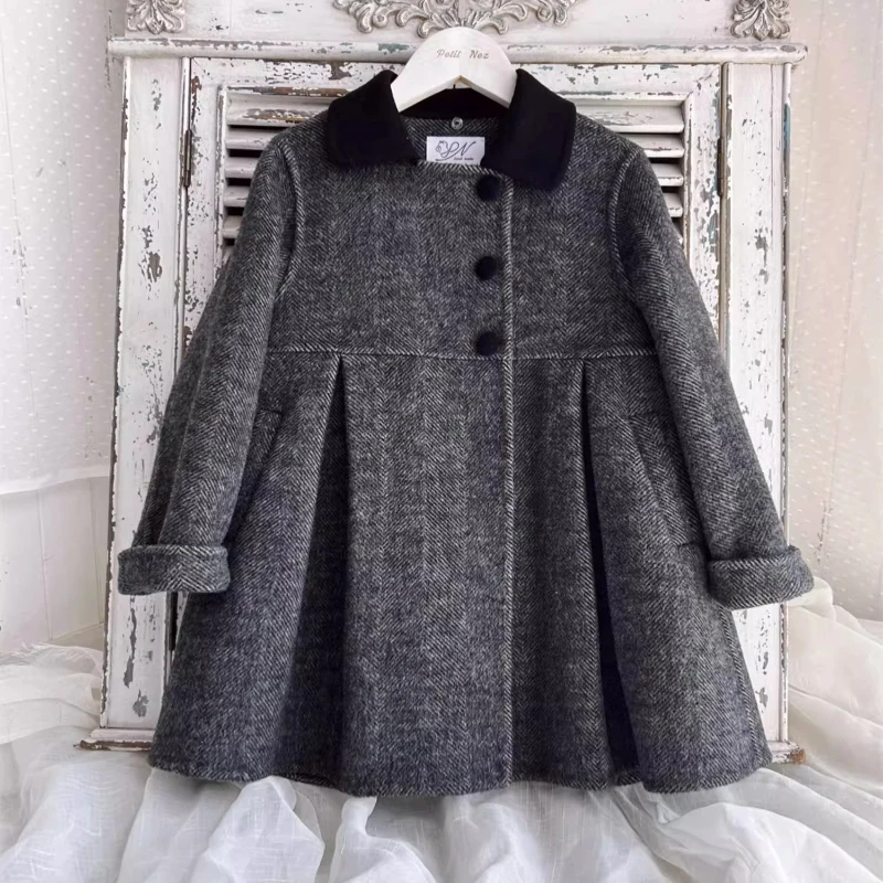 Vintage Spanish Handmade Girls Coat 100% Wool Double-Sided Cashmere Black & Gray Kids Boutique Fashion Jacket