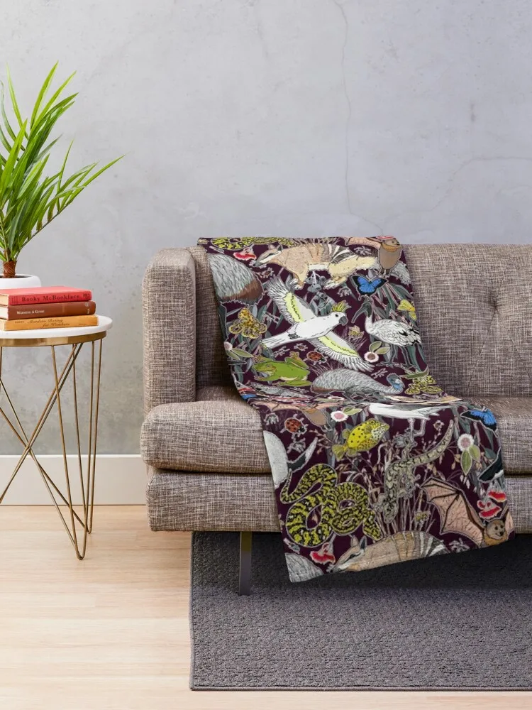 Fauna Australiana - aubergine Throw Blanket Designers Loose Soft Beds Blankets