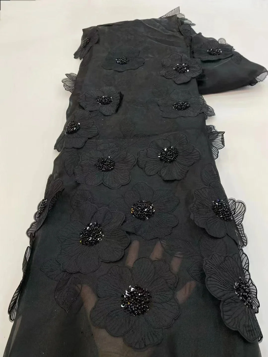 Black Beaded 3D Flowers African Lace Fabric 2023 Luxury Sequins Embroidery Tube Beads French Lace Fabric For Wedding LXX23145A