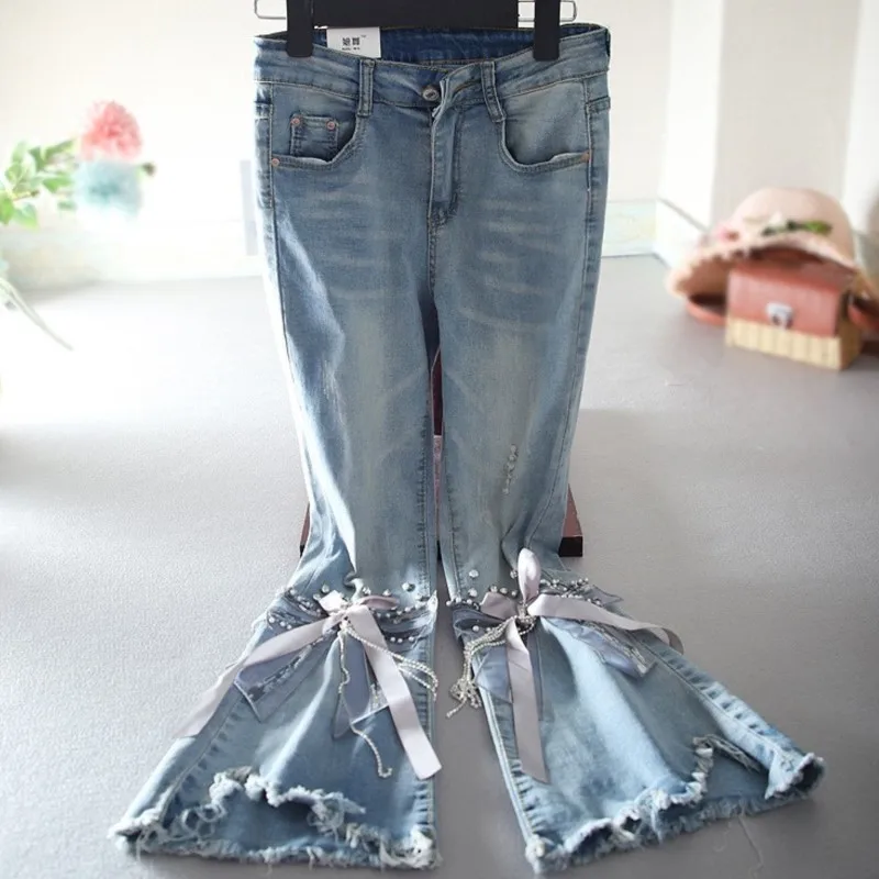 

High waisted denim pants for women's spring wide leg slim bead flared pants bow