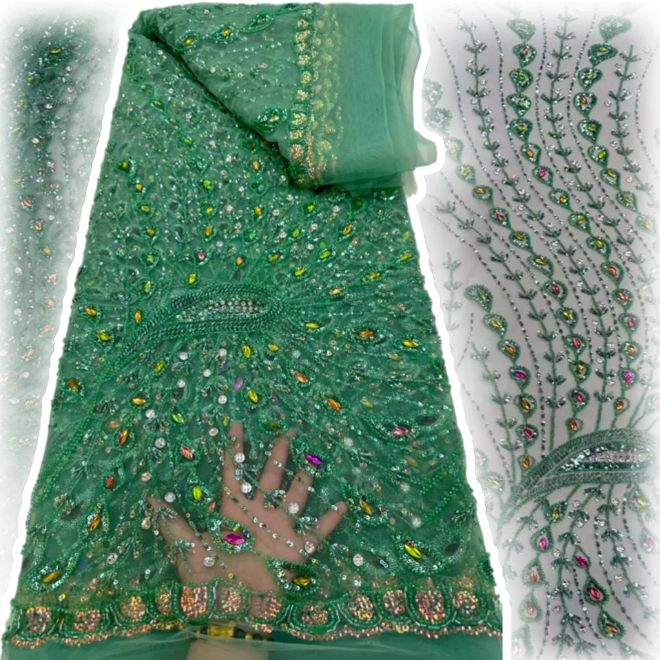 

African Heavy Beaded Lace Fabric Embroidered Geometric Sequins High Quality 5Yards For Bridal Gowns & Evening Dresses SZ1544